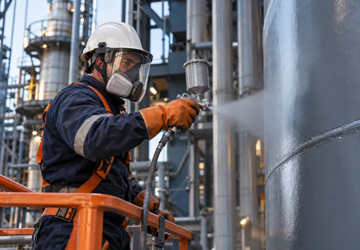 Profissional aplicando pintura industrial em estrutura metálica